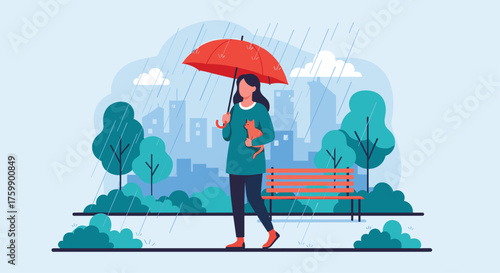 A woman walks with an umbrella and a pet in the rain.
