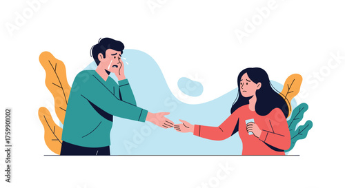 A man reaches out for help from a woman with a concerned expression.