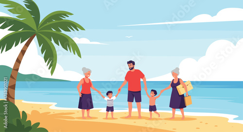 A happy family enjoys a sunny day at the beach with palm trees and the ocean.