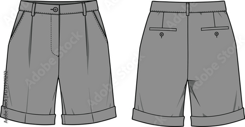 Technical fashion vector illustration of tailored shorts with front zipper, button closure, side pockets, cuffed hems, and back welt pockets