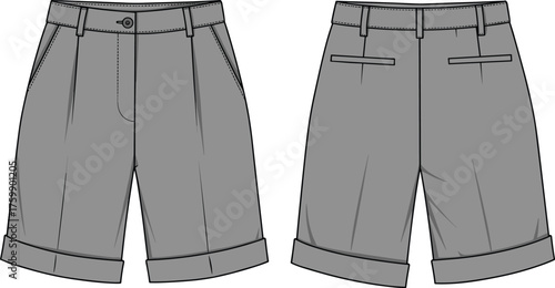 Vector fashion technical drawing of tailored shorts with pleats, cuffed hem, belt loops, side pockets, and back welt pockets