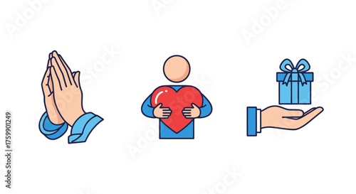 A versatile flat design icon set illustrating different ways of giving thanks and showing gratitude, including prayer, affection, and generosity. 