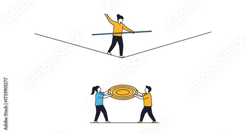 Balancing act between a tightrope walker and people holding a valuable object.