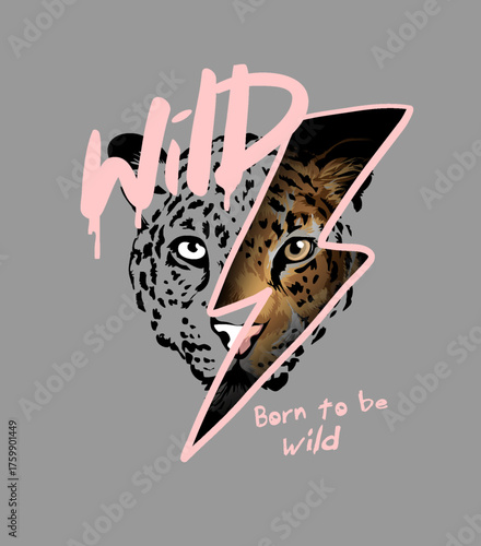 wild slogan with leopard face in thunder bolt vector illustration