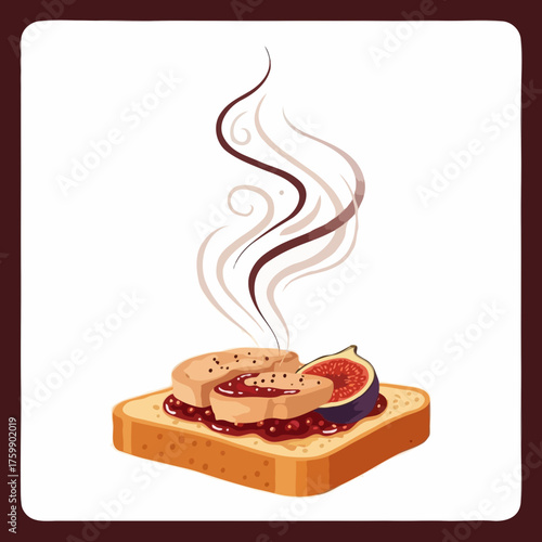 Steaming handmade toast with fig jam and a slice of fresh fig, swirling aroma on top, gourmet breakfast vector illustration, rustic flat design