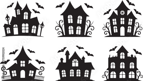 Set of Haunted House Silhouettes with Bats for Halloween Design