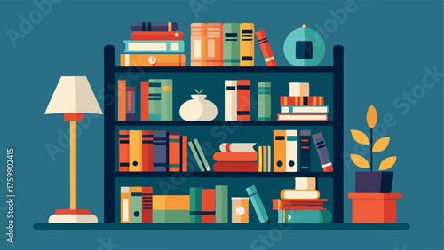 A floortoceiling bookshelf filled with books and decor items including a quirky lamp made from stacked vintage books.
