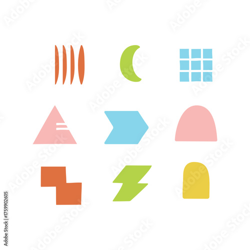 Collection of colorful geometric abstract shapes in soft pastel tones with playful, modern forms. Vector.