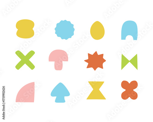 Abstract geometric set featuring pastel colors and fun, creative shapes for modern design. Vector.