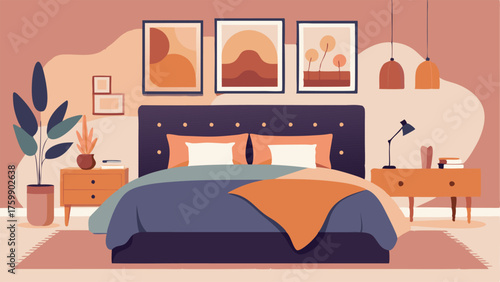 A cozy bedroom featuring a plush velvet headboard luxurious bedding and a gallery wall of abstract art adding a touch of modernity to the bohemian luxe style.