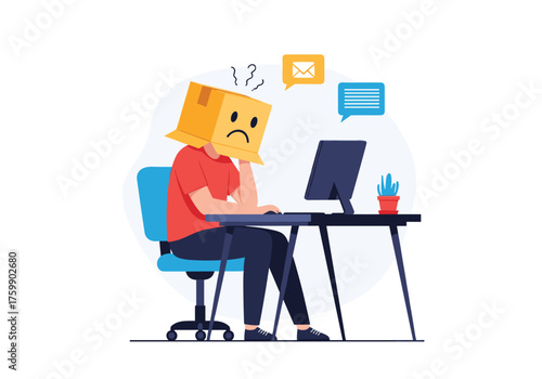 A frustrated person with a box over their head sits at a desk working on a computer feeling overwhelmed.