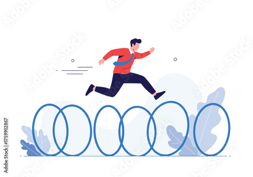 Businessman overcoming obstacles and challenges in his career path with determination and focus.