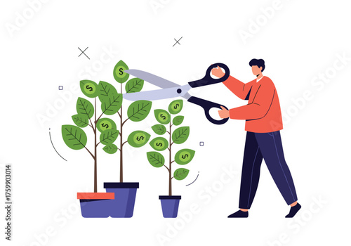 A person is using scissors to prune small trees in pots.