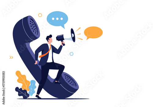 Illustrating the power of effective communication and outreach through a large vintage telephone and a person with a megaphone.