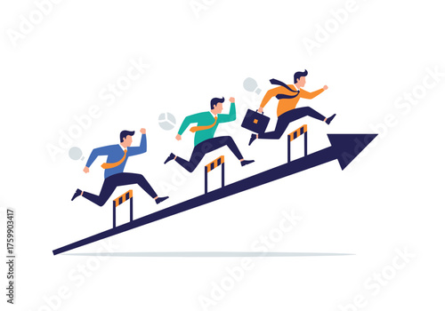 Businessmen jumping over hurdles in a race to success on an upward graph.