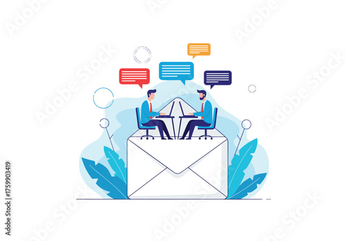 Two businessmen having an online meeting on a large envelope illustration.