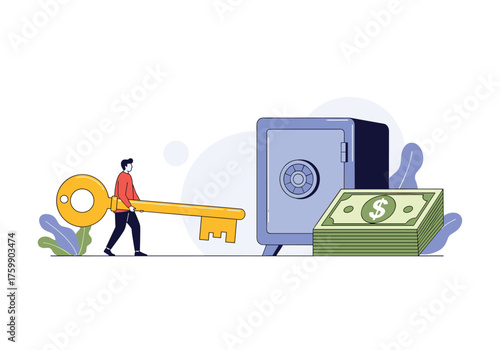 Securing your financial future with the key to a safe deposit box and a stack of cash.