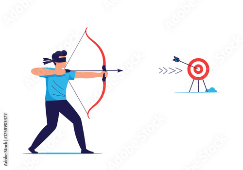 Blindfolded archer aims for the target with precision and focus.