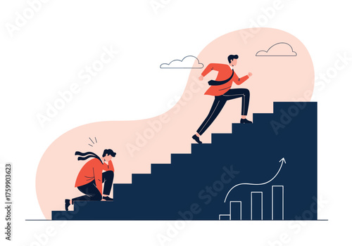 A business person runs up the stairs while another struggles behind him.
