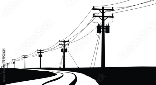 Utility poles, electrical transformers, power lines, rural road, infrastructure, silhouette, energy distribution, curved street, electricity supply, suburban network, black and white, grid system,