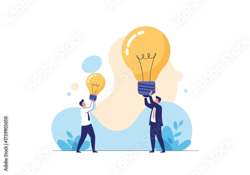 Two businessmen hold up bright light bulbs symbolizing collaboration and innovation during a creative meeting.