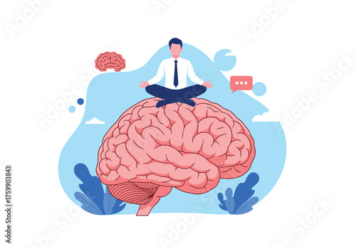 Illustration of a person meditating on a giant brain symbolizing mental health and well-being.