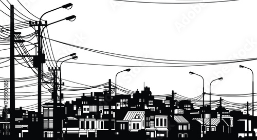 Urban silhouette, crowded cityscape, electrical wires, infrastructure, rooftops, residential buildings, power poles, streetlights, black and white, dense architecture