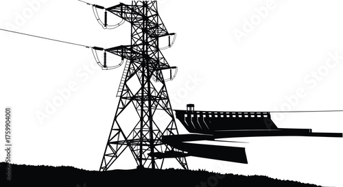Hydroelectric dam, power transmission tower, renewable energy infrastructure, electricity generation, water flow, lattice pylon, black and white silhouette illustration