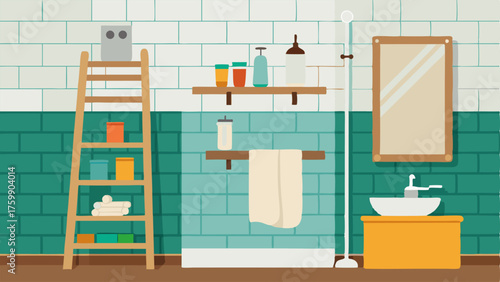 A bright bathroom with a white subway tiled shower a teak wood vanity and sandy beige towels hanging on a ladder shelf.