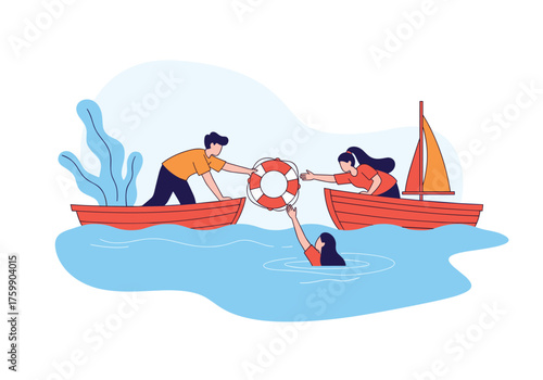 People in boats helping someone in the water with a lifebuoy.
