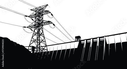 Hydroelectric dam, electricity transmission tower, power lines, energy infrastructure, renewable source, industrial landscape, water control, grid system, rural terrain, engineering marvel