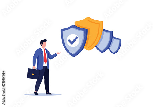 Illustration of business security and protection concepts showing a professional safeguarding against various threats.