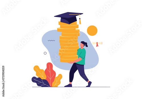 Student carrying a stack of gold coins with a graduation cap on top representing educational investment and future success.