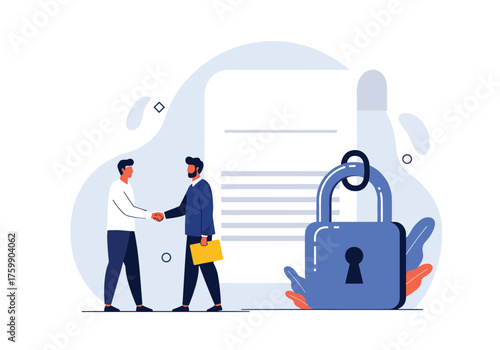Two businessmen shake hands in front of a secured document with a padlock symbolizing trust and agreement.