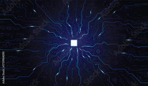 CPU Chip on Motherboard. Central Computer Processors CPU concept. Quantum computer large data processing database concept. Futuristic microchip processor. Digital chip.