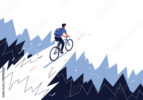 Man on bicycle ascending a snowy mountain slope surrounded by stylized trees.