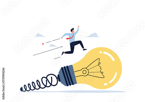 A motivated person leaps over a large lightbulb representing a new idea.