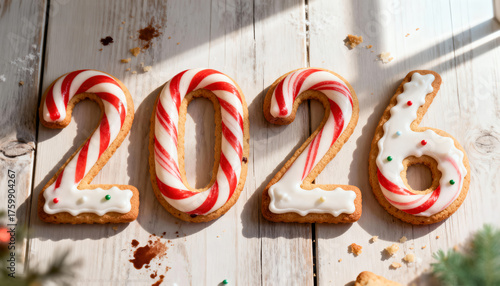 2026 candy cane sugar cookies with icing on wooden table