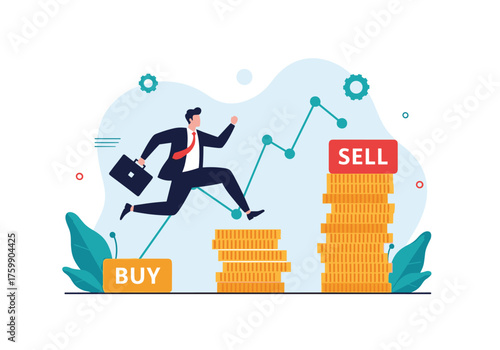A businessman running up stairs made of gold coins towards a stack of coins labeled sell with a chart in the background indicating growth.