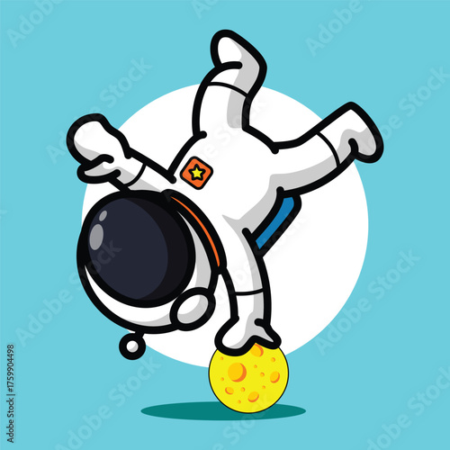 Cute Astronaut Doing Headstand on the Moon Cartoon Illustration for Space and Exercise Concept