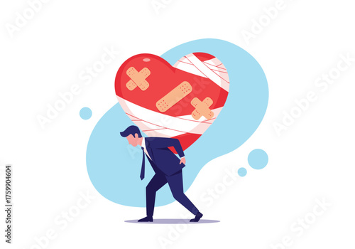 A man carries a large bandaged heart symbolizing emotional burden and recovery.