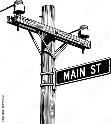 Main Street utility pole, vintage infrastructure, black and white illustration, urban signage, textured wood grain, insulators, electricity, rural townscape, street art