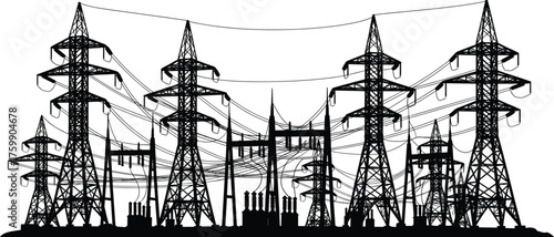 High voltage power transmission towers, electrical grid infrastructure, energy distribution network, industrial substation, electricity supply system, utility lines, engineering marvel
