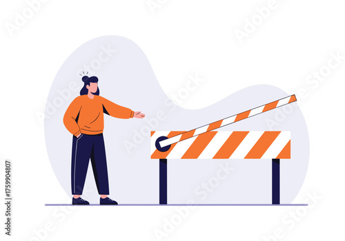 A person stands near an open barrier that is marked with orange and white stripes, symbolizing an obstacle being removed or overcome.