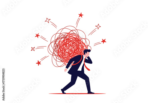 A stressed businessman struggles under a heavy burden of chaotic thoughts and overwhelming pressure.