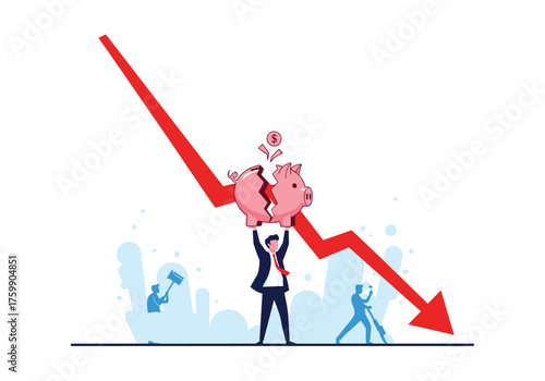 Financial downturn represented by a falling arrow and broken piggy bank held by a businessman.