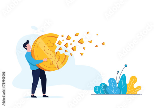 A person holding a breaking gold coin symbolizing financial loss and economic instability.
