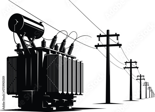 Electrical transformer silhouette, power distribution system, utility poles, high voltage infrastructure, energy transmission, industrial grid, electricity network, rural supply, insulators, cables