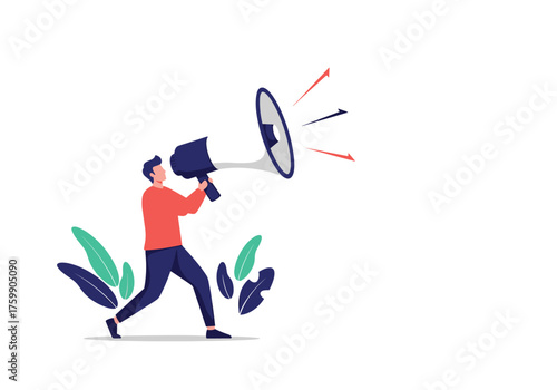 Man with megaphone announcing something important in a public space with plants around him.