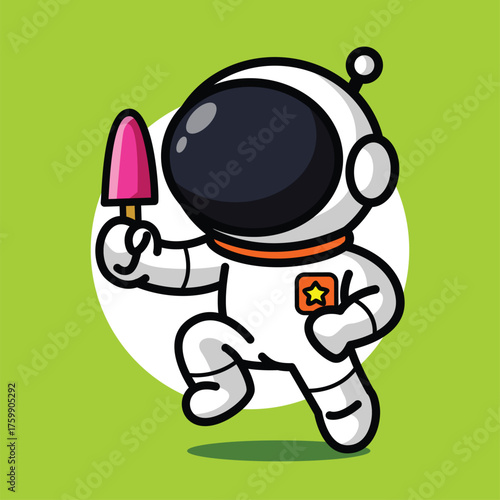 Cute Astronaut Eating Ice Cream Cartoon Illustration for Summer and Space Concept